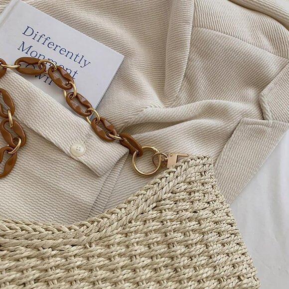 Women's Straw Shoulder Bag Woven Crossbody Purse Zipper Closure Stylish Beach - Picture 5 of 5